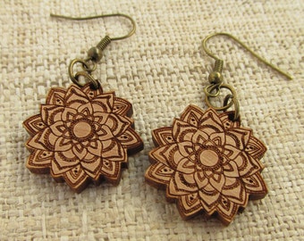 Mandala Wooden Earrings - Dangle Drop Wood Earrings