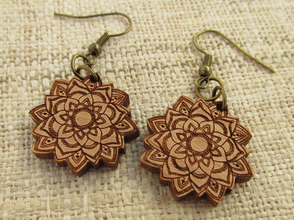 Mandala Wooden Earrings Dangle Drop Wood Earrings