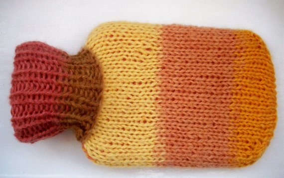 Small vegan hot water bottle and hand knitted knit cozy, cover, warm, wool free, caramel brown, amber, peach