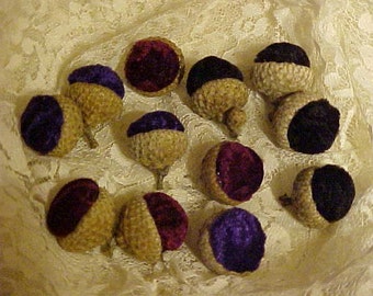 Sale in Progress Now~~VELVET ACORNS w/Real Acorn Caps~12 Acorns~NATURALS~Genuine Acorn Caps~~Colored Velvet~~For Your Autumn/Winter Decor