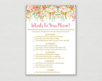 Floral Bridal Shower What's In Your Phone Game / Watercolor Floral / Pink Floral / Bridal Shower Phone Game / INSTANT DOWNLOAD B104