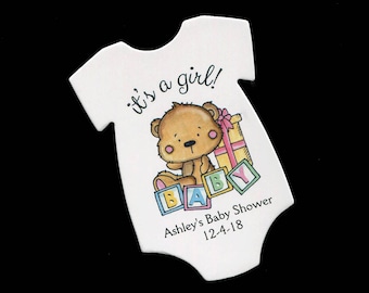 Baby Shower Favor Tags - Baby Girl Tags - Bodysuit Shaped Tag - Bear - Baby Girl Shower - Baby Shower Tag - Baby One Piece - Die Cut Tag