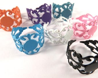 SALE - 7 Filigree Ring Blank Base Copper Assorted Colors 8mm Pad - 7 pc - R8001-AS8