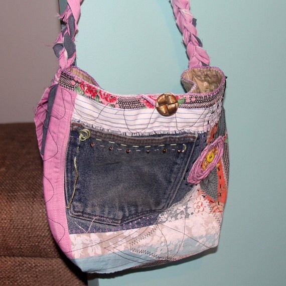 Bohemian Recycled Purse Tote Bag Denim Fabric Rose Scrappy