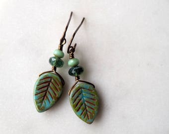 Leaf Earrings / Turquoise and Green Brass Earrings / Bohemian Earrings / Nature Lover Jewelry / Boho Chic Leaf Earrings / Green Earrings