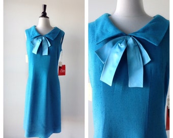 1960s Vintage Dress - 60s Turquoise Blue Linen Shift Dress