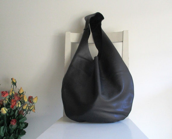 Black Genuine Italian Leather Hobo bag Over Size Slouchy