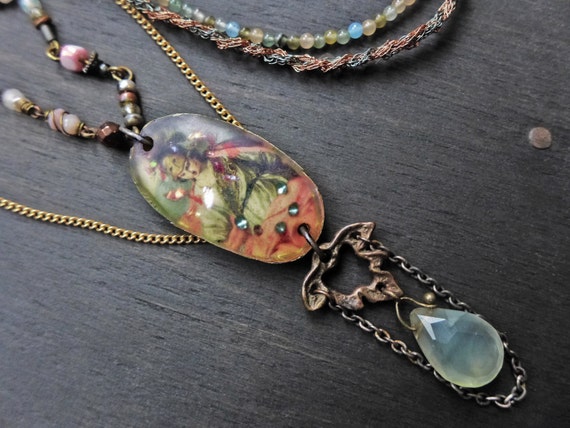 Pink and green layered necklace with resin pendant - "Truest Victory"