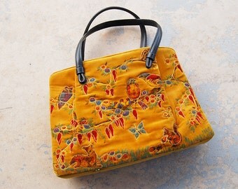 vintage 1960s Tapestry Purse - 60s Soure Large Embroidered Velvet Handbag - Boho Novelty Woodland Scene Bag