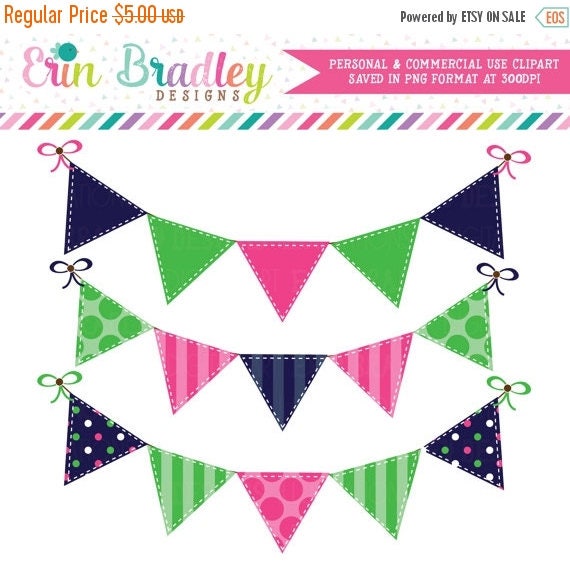 50% OFF SALE Preppy Bunting Clipart Commercial Use Blue Green and Pink Banner Flags Clip Art Graphics Il_570xn