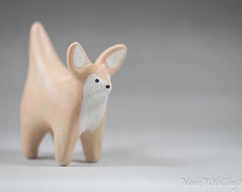Pottery Fennec Fox - Miniature Ceramic Porcelain Clay Animal Cream Sculpture Decorative Home Decor Ornament - Terrarium Figurine