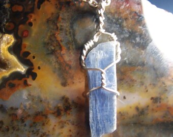 Blue Kyanite crystal blade - Sterling Silver wire wrapped necklace pendant - small natural raw Crystal wrap - Brazil 1 inch blade - J925j