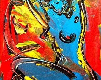 Superb Palette Knife Textured Abstract BLUE NUDE Painting Original Heavy Texture Impasto Palette Knife Acrylic Wall Décor By Mila Kazav