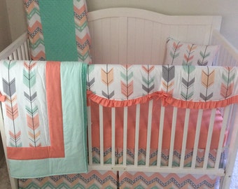 Coral Mint Arrows Ruffled Crib Bedding Set