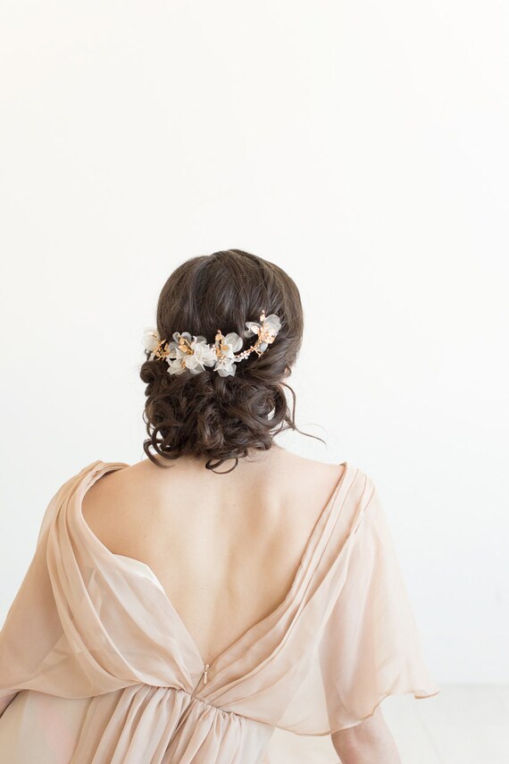 Gold Bridal Headpiece, Wedding Flower Hair Clip, Bridal Crystal Headpiece, Gold Wedding Hair Vine, Gold Twig Headpiece