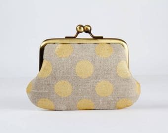 Metal frame purse with two sections - Golden dots on linen - Siamese daddy / gray beige / metallic gold / neutral colors