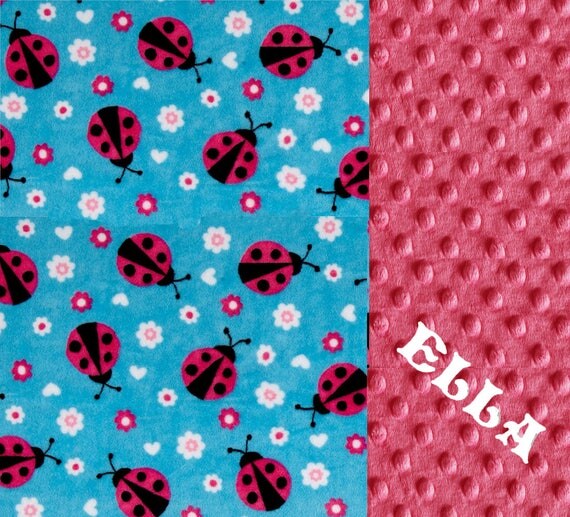 Personalized Minky Baby Blanket Girl, Pink Blue Ladybug Personalized Baby Blanket- Fuchsia // Ladybug Blanket // Name Baby Blanket