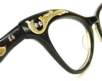 Vintage Black Cat eye Eyeglasses Eye Wear Frame Celestial Design
