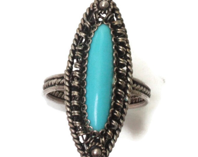 Turquoise Lucite Cabochon Ring Silver Cannetille Filigree Vintage Size 7.5/P