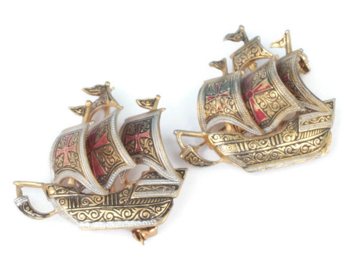 Two Damascene Brooches Sailing Ships Galleons Toledo Ware Spain