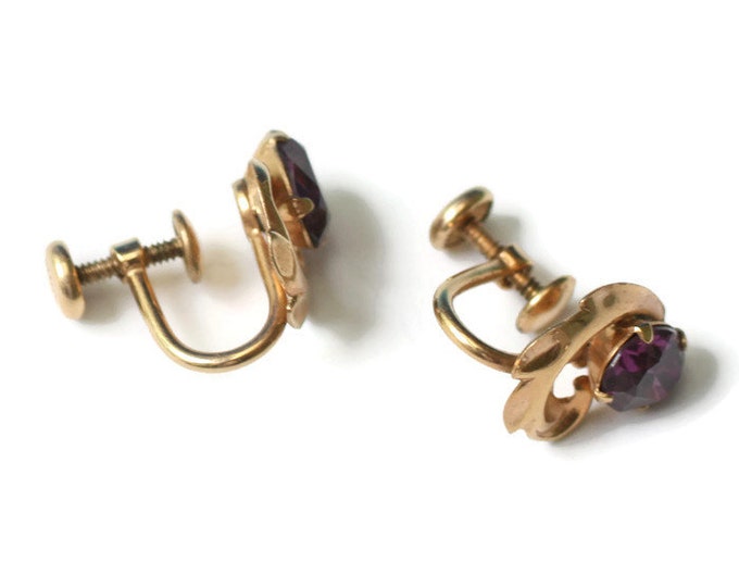 Amethyst Glass Gold Filled Earrings Van Dell Signed Vintage Screw Back