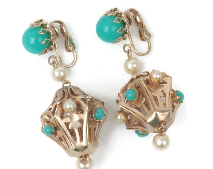 Faux Turquoise Faux Pearl Chunky Dangle Earrings Asian Lantern Filigree
