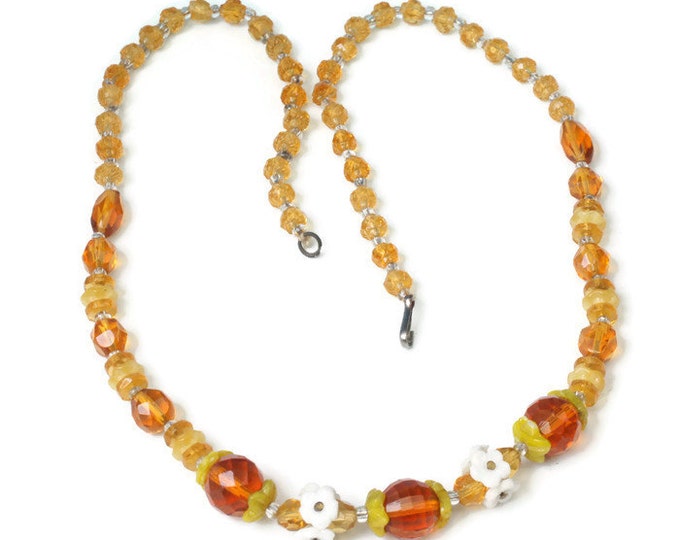 Czech Bohemian Amber Glass Bead Necklace Floral Accents Vintage