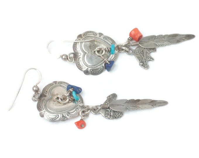 Southwestern Style Dangle Earrings Heart Feather Bear Stones Signed QT Vintage