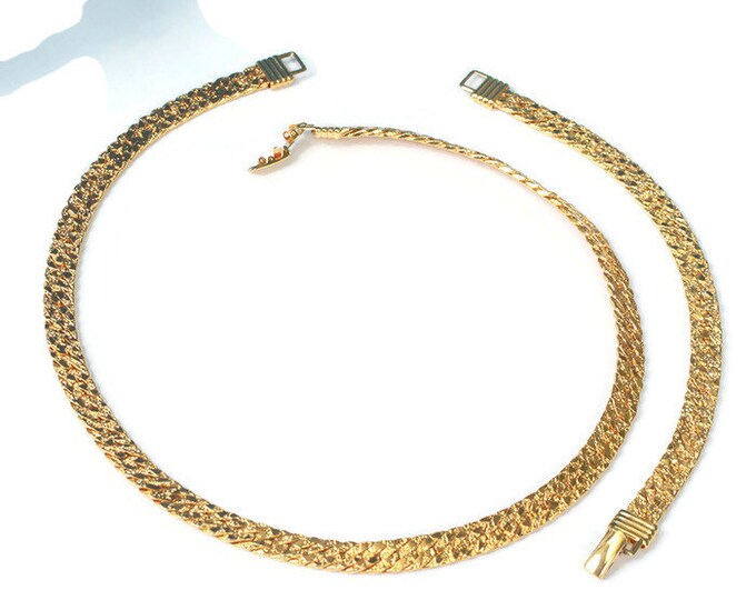 Gold Tone Necklace Bracelet Set Textured Herringbone Link Vintage
