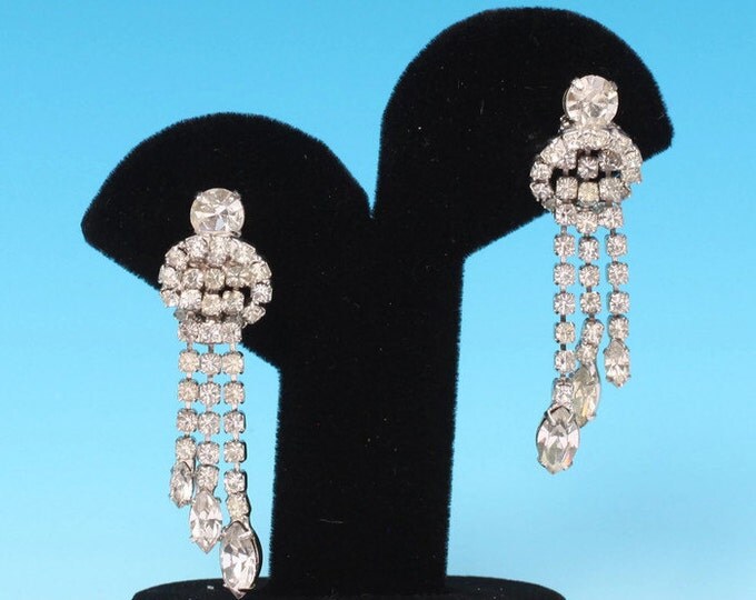 Clear Rhinestone Dangle Earrings Circle Top Three Dangles Crystals Clip On Style Bridal Vintage