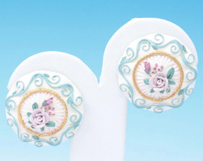Applied Floral Design Ceramic Earrings Clip Backs Vintage