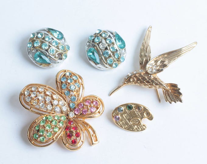 Rhinestone Repair Lot Four Pieces Easy Fix 3 Brooches 1 Pair Earrings