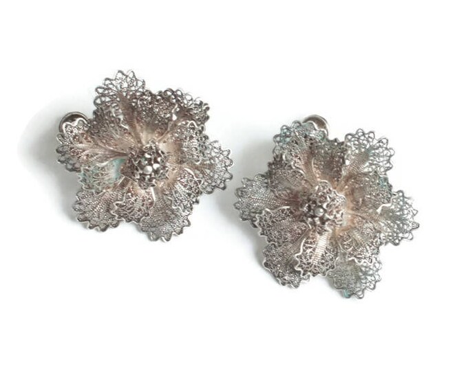 Silver Filigree Flower Earrings Dimensional Layered Screw Back Vintage