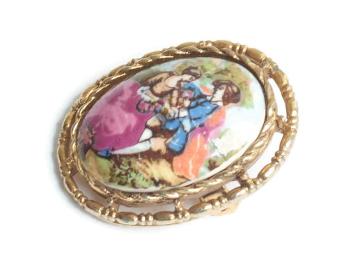 Courting Couple Romantic Lovers Brooch Pendant Porcelain Transfer Vintage