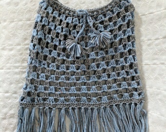Crocheted Poncho - Flecked Blue and Gray Yarn for Children size 3 - 4 years old
