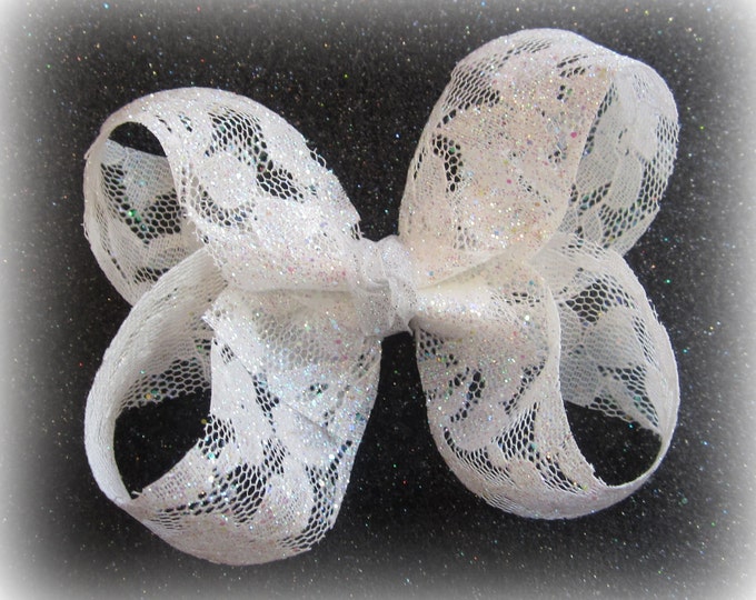 White Hair Bow, Glitter White Bow, Girls White Bows, Boutique Hair Bow, Lace Hairbow, Wedding Hairbow, 4 inch Bow, Single Layer Bow, Sparkle