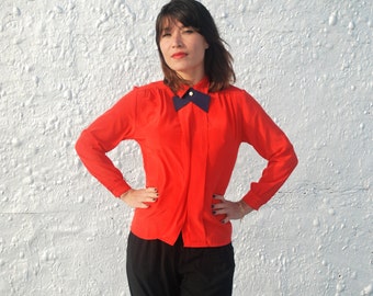 Vintage 1980s Red Secretary Blouse with Blue Collar M/L