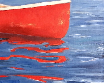 Calm Reflections. Red Canoe. Original oil painting. Yvonne Wagner. Reflection. Boat. Cottage art. 12 x 16 x 1.75". Free shipping to USA.
