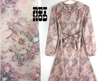 Vintage 60s 70s Dusty Pink Floral Scooter Dress with Balloon Sleeves!
