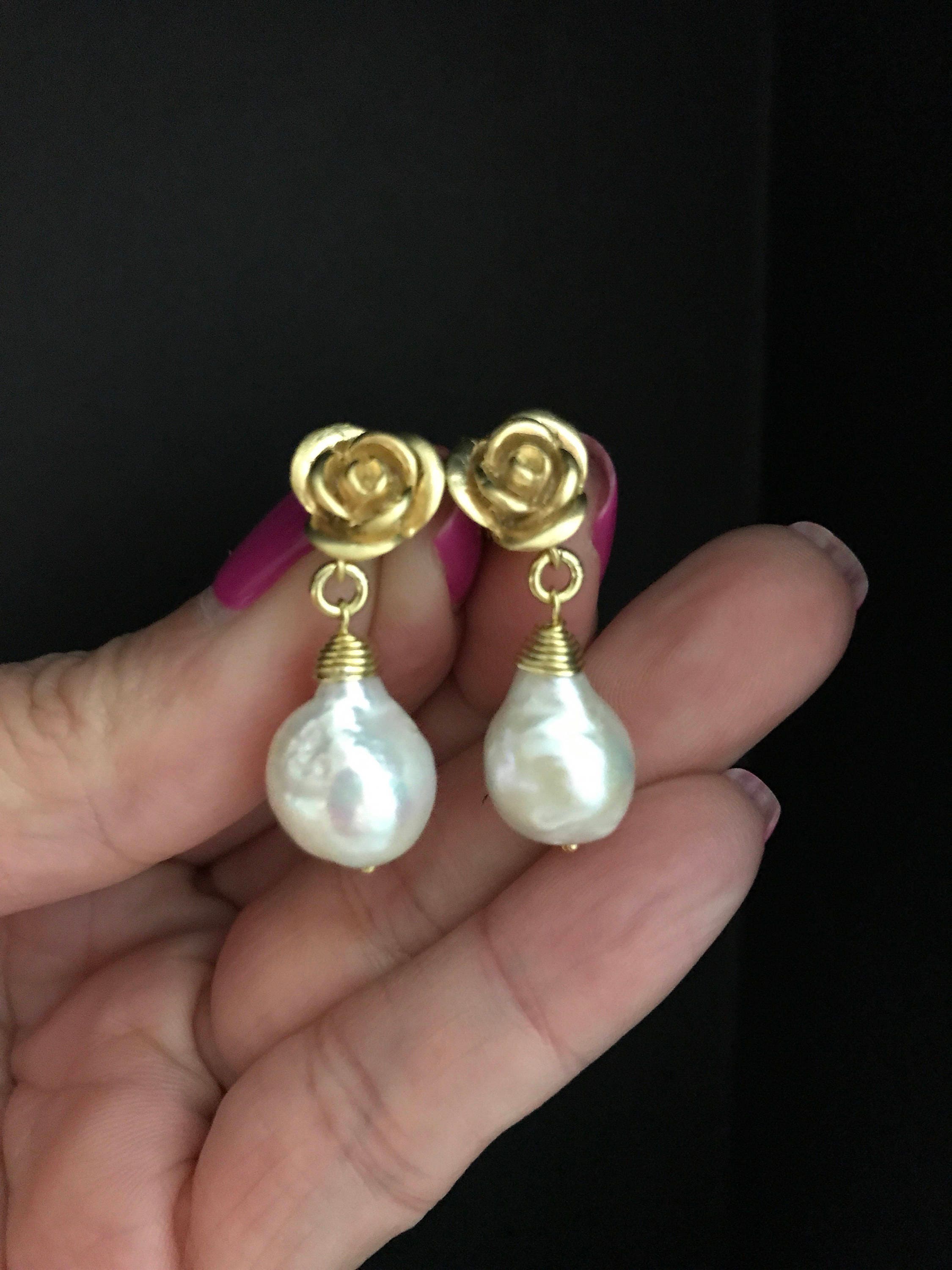 Rose Pearl Stud Dangling Gold Earrings Rose Pearl Earrings