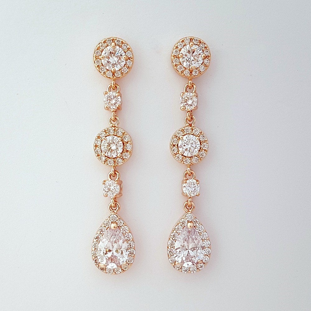 Rose Gold Earrings Long Bridal Earrings Crystal Drop