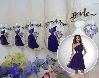 EXACT DRESS REPLICA, Bridesmaid Wine Glasses, Bridal Party Glassware, Bridal Party Wine Glasses, Purple Dresses, Personalized Wine Glasses