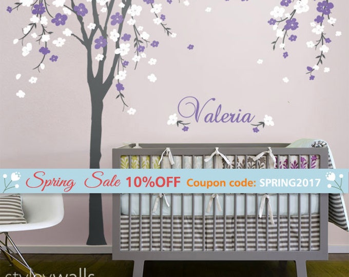 Cherry Blossom Tree Wall Decal, Cherry Tree Nursery Wall Decal, Cherry Blossom Tree for Baby Room Decor, Flower Tree Personalized Name Decal