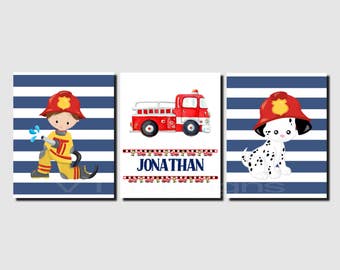 Fireman Wall Art, Fire Engine, Fire Truck Wall Art, Personalized, Dalmation, Toddler Boy Room Decor, Navy White, Set of 3, Prints or Canvas