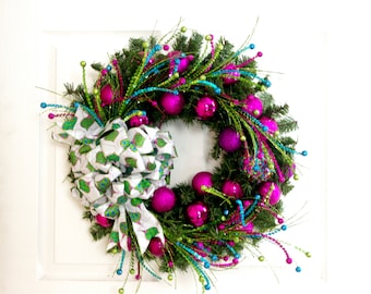 Green Pink Wreath, Christmas Wreath, Retro Wreath, Holiday Wreath, Front Door Wreath, Christmas Decoration, Holiday Decor