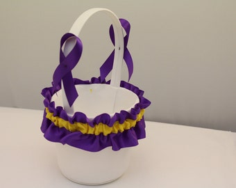 White Flower Girl Basket with Purple and Yellow Trim