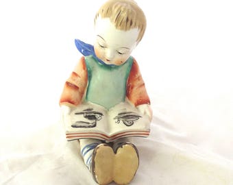 Little Boy Reading a Book, Vintage Painted Figurine (G1)