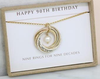 90th birthday gift for grandmother necklace, gift for mom jewelry, family of 9 interlocking rings necklace - Lilia