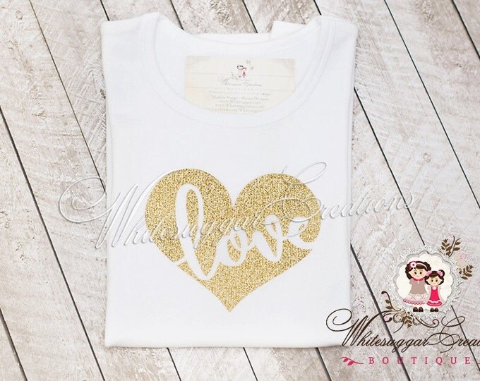 Girls Gold Glitter Heart Shirt, Glitter Heart Shirt, Gold Heart Shirt, Baby Valentines Outfit