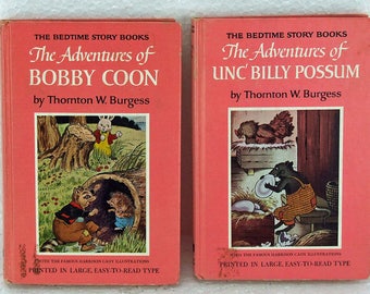 Two Vintage Thornton Burgess Books Adventures of Bobby Coon Unc' Billing Possum Bedtime Story Books 1970 Harrison Cady Illustrations